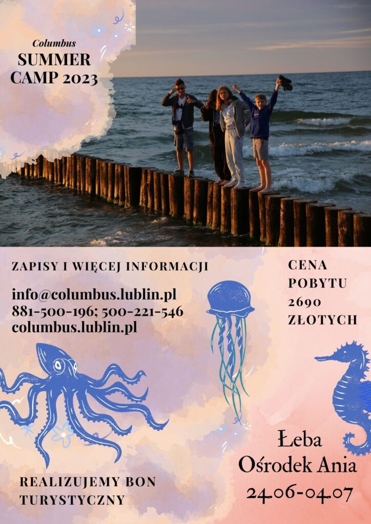 Plakat ogłoszeniowy z informacjami odnośnie zapisu, kosztów i terminu odbywania się obozu.